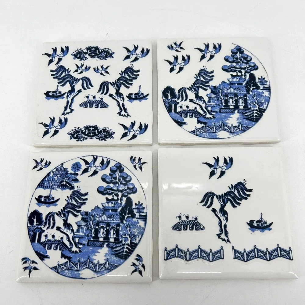 Vintage Blue Willow Ceramic Tiles Set of 4 Pagoda Scene Blue White 4.25 Inch